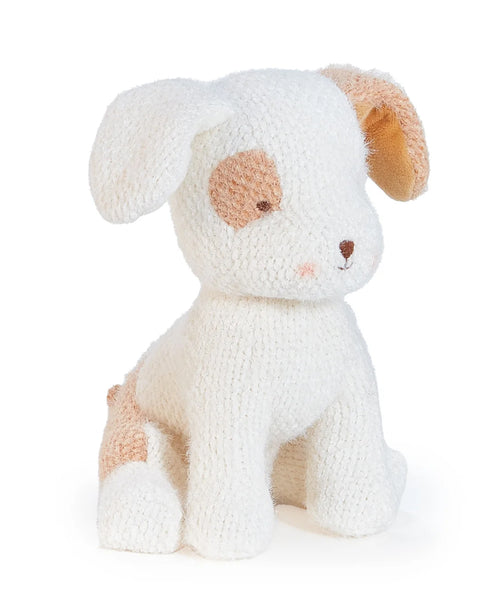 White and tan plush dog toy on a white background