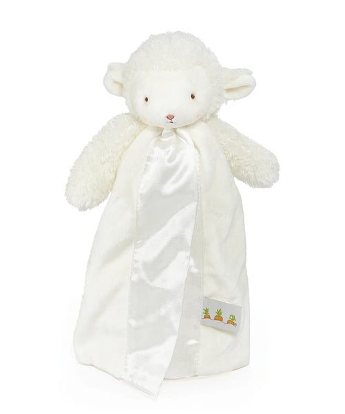 White plush lamb toy with a blanket on a white background