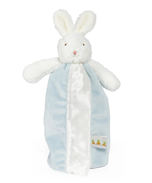 White plush bunny toy with a blue blanket on a white background