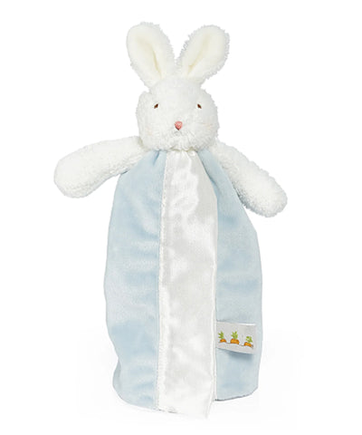 White plush bunny toy with a blue blanket on a white background