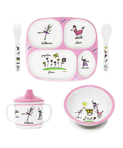 Baby Cie Children's Pink & White Melamine Dish Set with Ballerina, Poodle Dog, Butterfly, Flowers, etc...