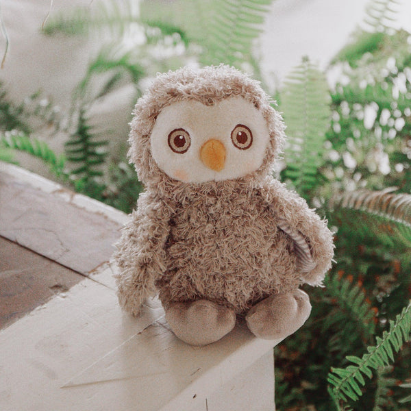 Plush owl toy on a stone surface with green foliage in the background