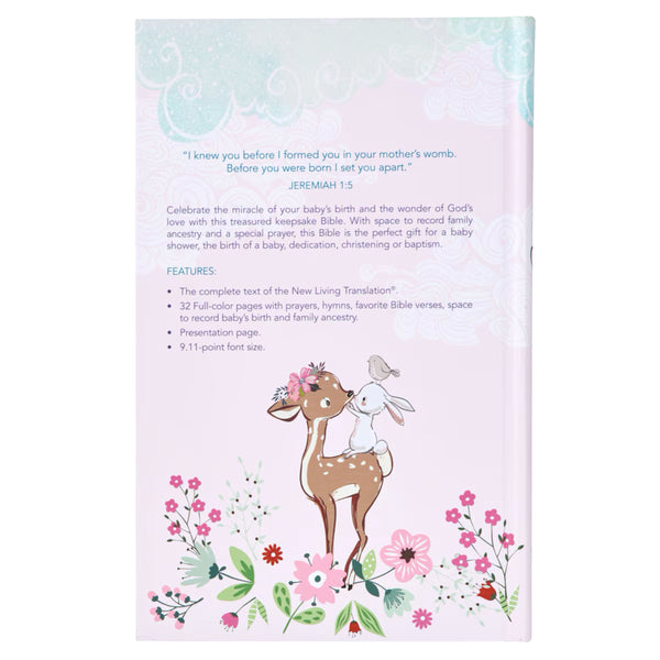 Children's Bible back cover with a deer illustration and floral design and Jeremiah 1:5