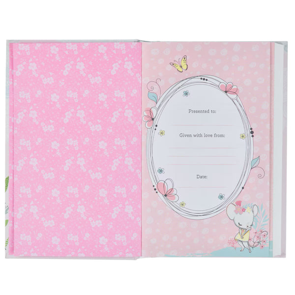 Pink presentation page with floral patterns, butterfly, and mouse.