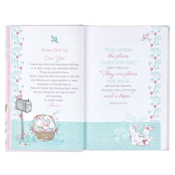 Open Bible with inspirational text and illustrations on a white background