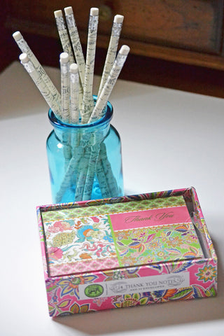 Michel Design Works Boxed Tutti Frutti Thank You Cards on desk with Aqua Jar of Pencils