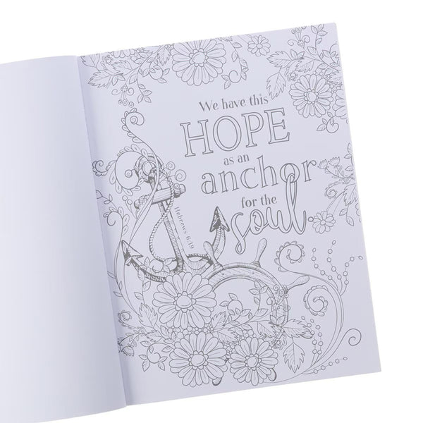 Coloring book page with anchor and floral design, featuring Hebrews 6:19 text 'We have this hope as an anchor for the soul'.
