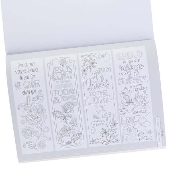 Sheet of printed bookmarks with Biblical text and designs on a white background