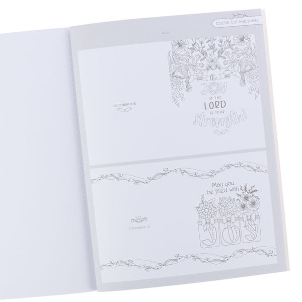 Coloring book with black line art designs  and Bible Verses on white pages