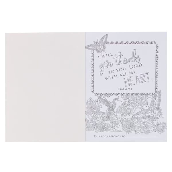 Coloring book with a Psalm 9:1, butterflies, flowers, and hummingbird illustrations on a white background