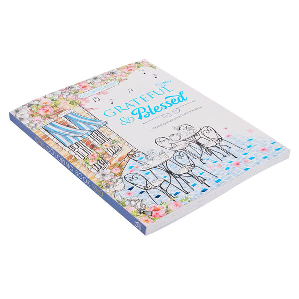 Coloring book titled 'Grateful & Blessed' with illustrations on a white background