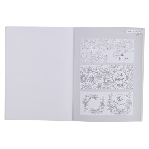 Open coloring book with floral and text designs on a white background