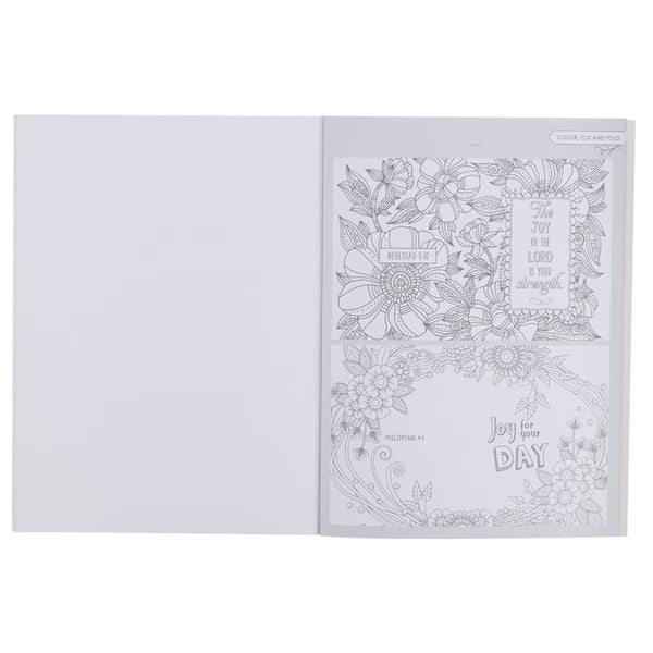 Coloring book with floral designs and Joy text on a white background