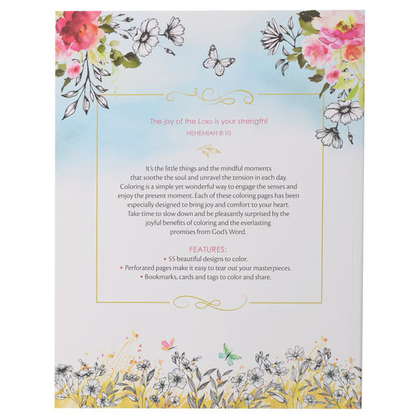 Back cover with Floral and butterfly design with Nehemia 8:10 text on a white background
