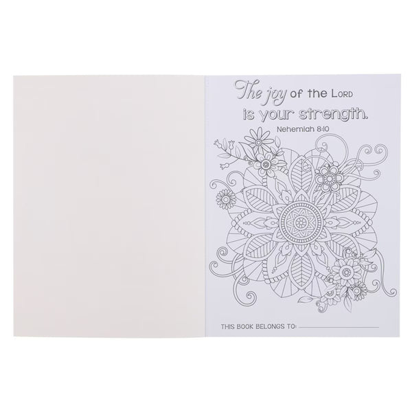 Coloring book with floral design and Bible Verse on a white background