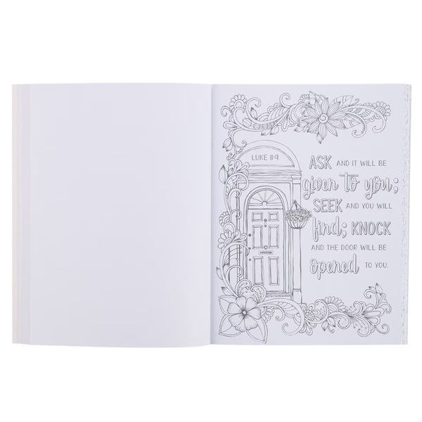 Coloring book page with door illustration and Luke 11:9 text on a white background