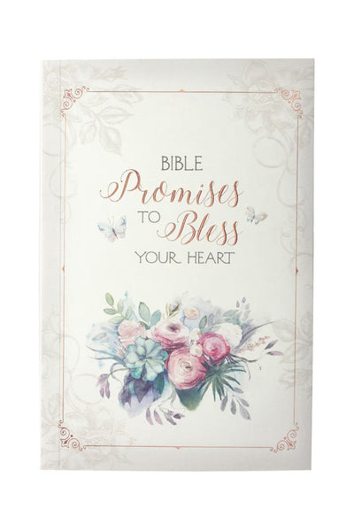 Book cover with floral design and text 'Bible Promises to Bless Your Heart' on a light background