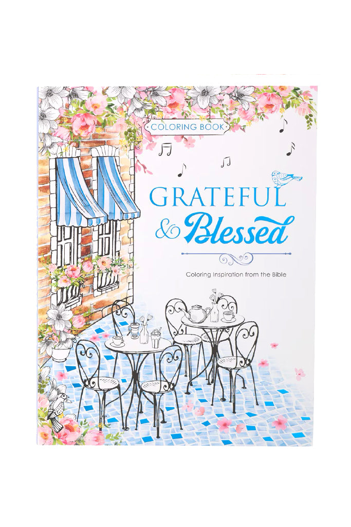 Coloring book titled 'Grateful & Blessed' with a bistro table scene illustration on the cover.