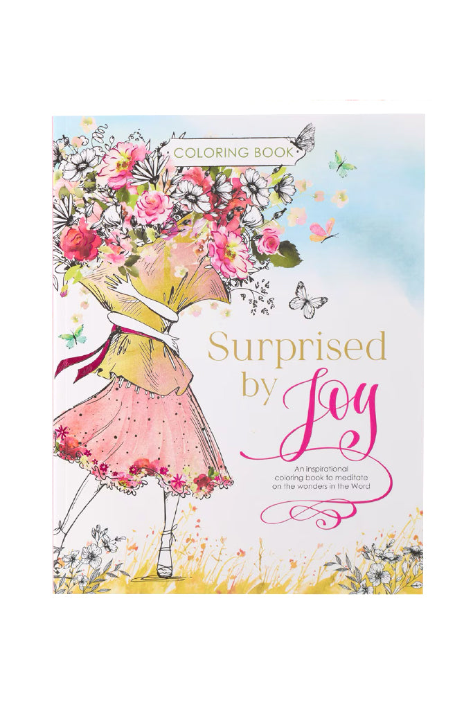 Surprised by Joy Coloring Book with Girl Holding Giant Bouquet of Flowers on Cover