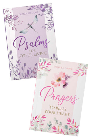 Two books titled 'Psalms for Joyful Living' and 'Prayers to Bless Your Heart' with floral designs on a white background.