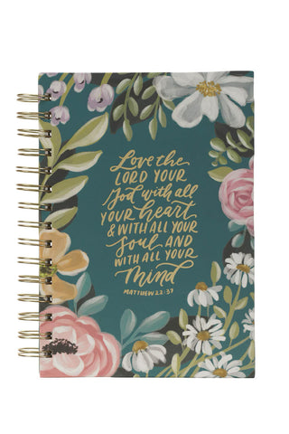 Teal Spiral Journal with floral design and Matthew 22:37 in Gold Lettering 
