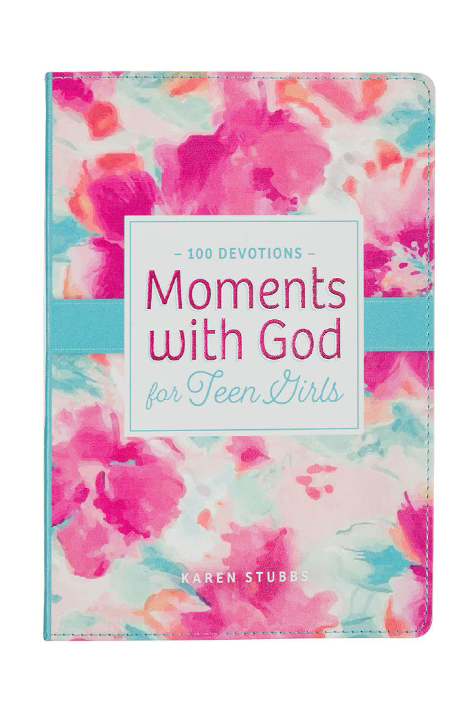Book titled 'Moments with God for Teen Girls' with pink floral design on cover