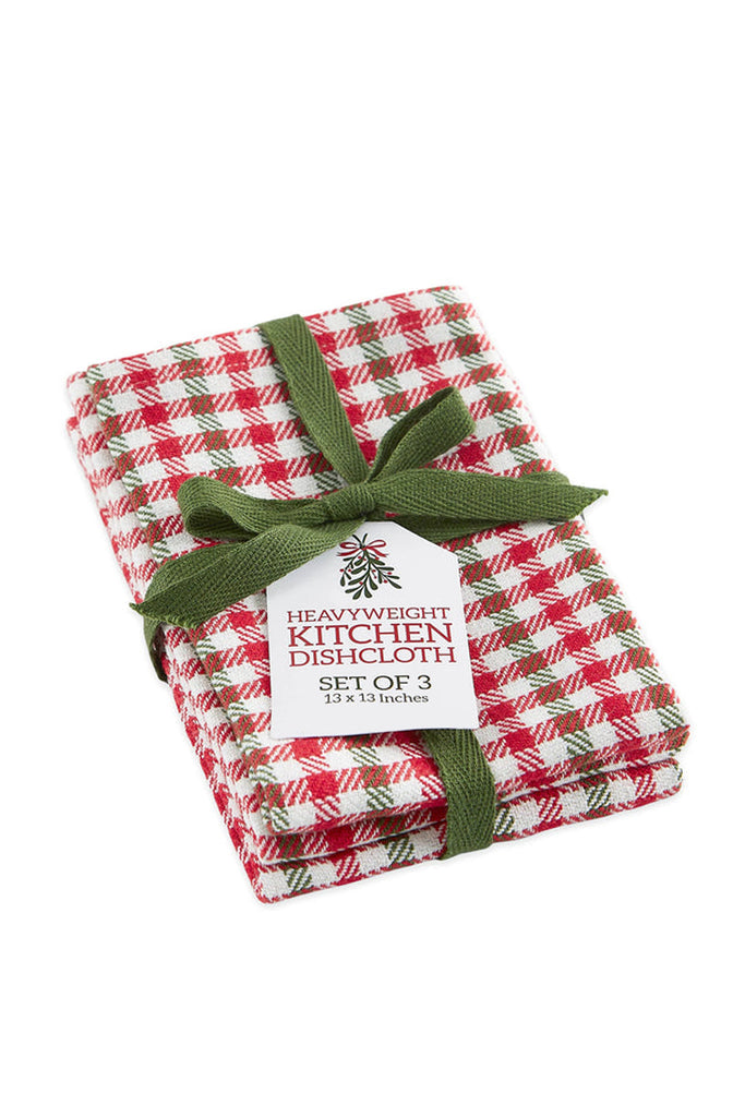 Design Imports Cranberry Red, Pine Green, and White Holiday Houndstooth Dishcloth Set of 3