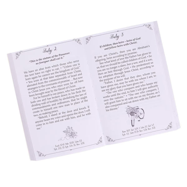 Devotional page samples with floral illustrations, and Scripture