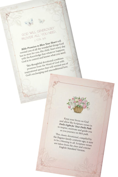 Back view White & Pink Devotional Books with Flower Basket, and Butterflies