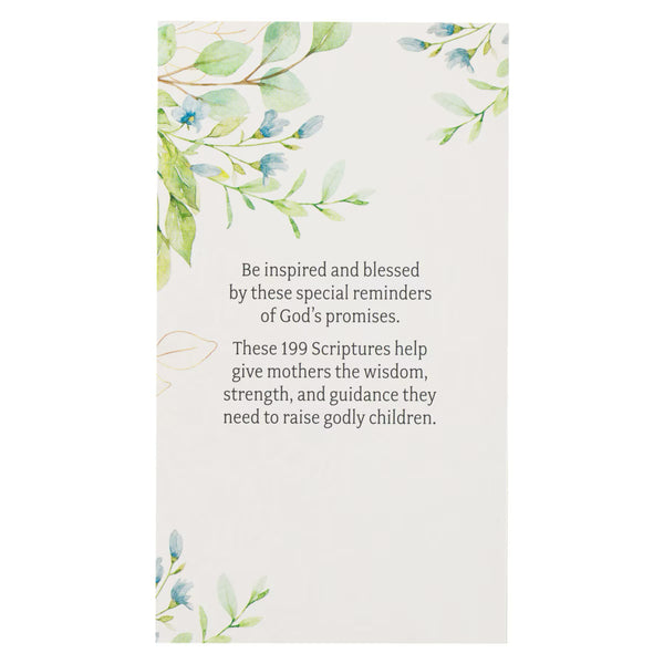 Booklet back cover with floral design and text about Scriptures for mothers on a white background