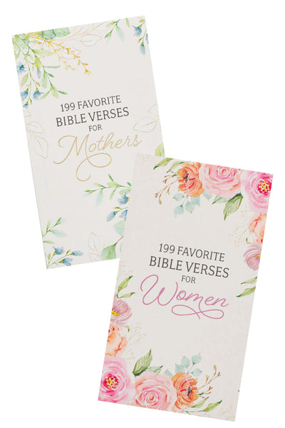 Two books titled '199 Favorite Bible Verses for Mothers' and '199 Favorite Bible Verses for Women' with floral designs on a white background.