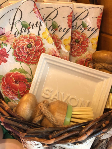Poppy Hostess Napkins, Savon Soap Dish, and Bamboo Brush in Birch Basket