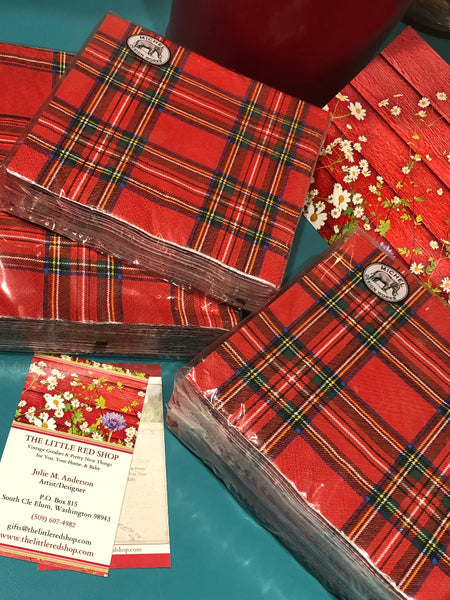 Packaging Tartan Paper Napkins for Shipping at The Little Red Shop