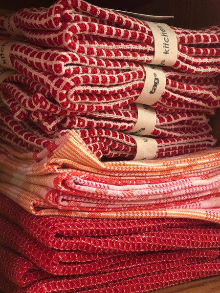 Stack of Berry Dish Towels, Newport Plaid, and Berry Waffle Kitchen Towels