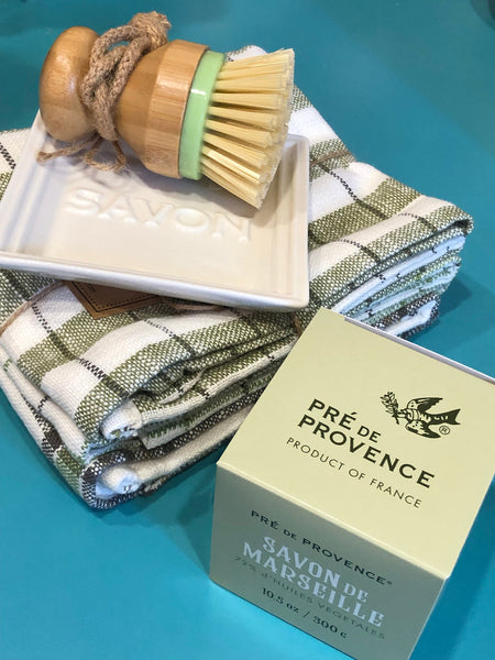 Green House Kitchen Towel Set shown with French Soap, Savon Dish & Bamboo Brush 