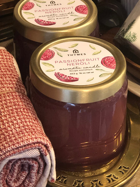 Thymes Passionfruit Neroli Candle on Brass Tray with Waffle Dish Towel