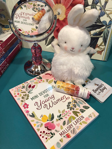 Honey Lipbalm, Bunny Stuffed Animal, Pink Gem Mirror, and Mini Devotions for Young Women Gift Assortment