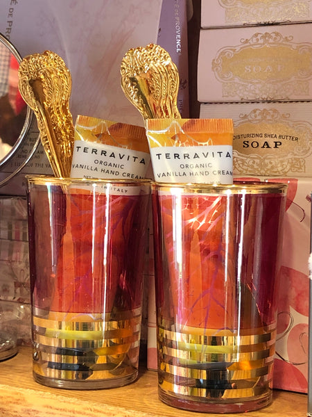 Terravita Handcream in Vintage Cranberry Cups with Gold Tea Spoons