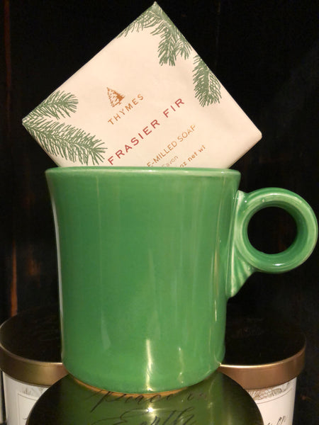 Thymes Frasier Fire Bar Soap displayed in a vintage Green Fiesta Ware Tom & Jerry Mug