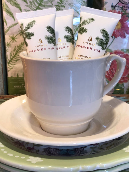 Thymes Frasier Fir Petite Hand creams in a vintage Restaurantware Cup & Saucer