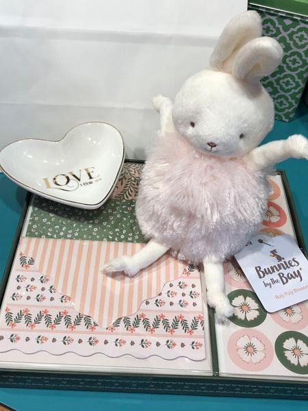 Love Heart Trinket Dish, Blossom Roly Poly Bunny Stuffed Animal and Sweet Boutique Note Card Set