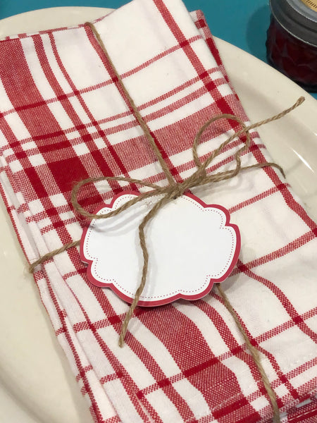 Red and White Plaid Cotton Napkin Set with Gift Tag