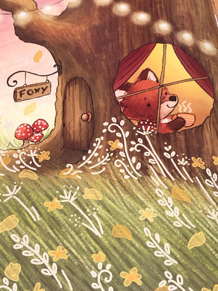 Illustration of Foxy in a treehouse with a warm drink.