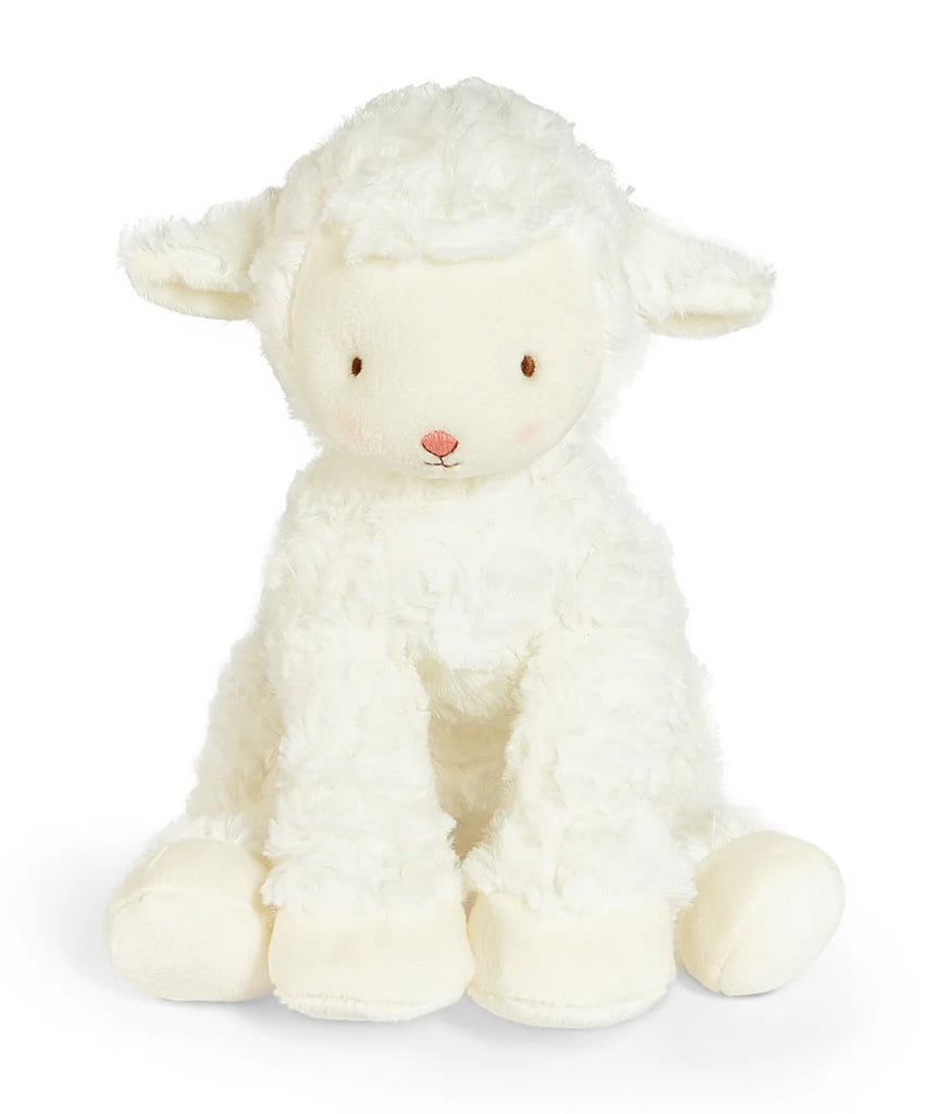 A plush stuffed sheep toy in white curly fleece, sitting against a clean white background. The sheep has embroidered brown eyes, a small pink nose, and pink cheek details.