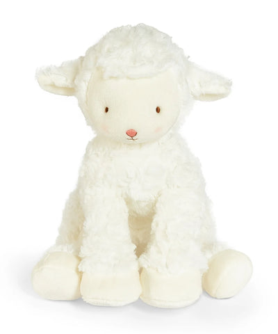 A plush stuffed sheep toy in white curly fleece, sitting against a clean white background. The sheep has embroidered brown eyes, a small pink nose, and pink cheek details.