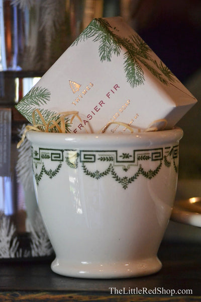 Thymes Frasier Fir Soap in a Vintage Porcelain Dish with Green Garland Design