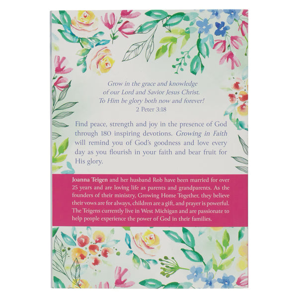 Floral design book back cover with text and a quote from 2 Peter 3:18
