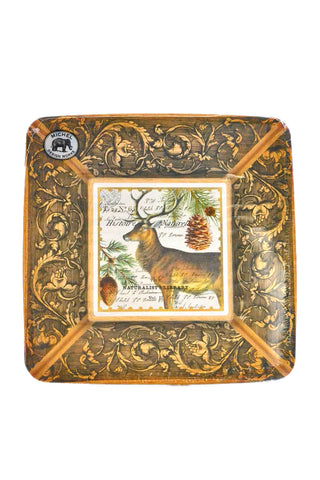 Decorative paper plate set with deer illustration and intricate border