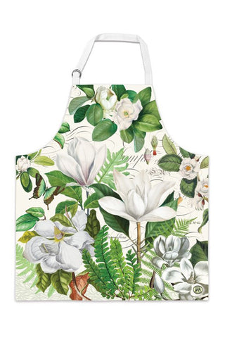Floral apron with white flowers and green leaves on a white background
