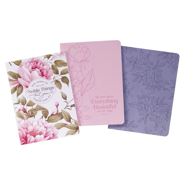Three floral-themed notebooks with different designs